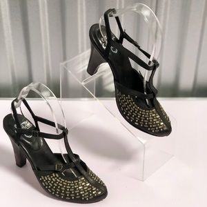 Calleen Cordero Studded Black Leather T-Stap Heel